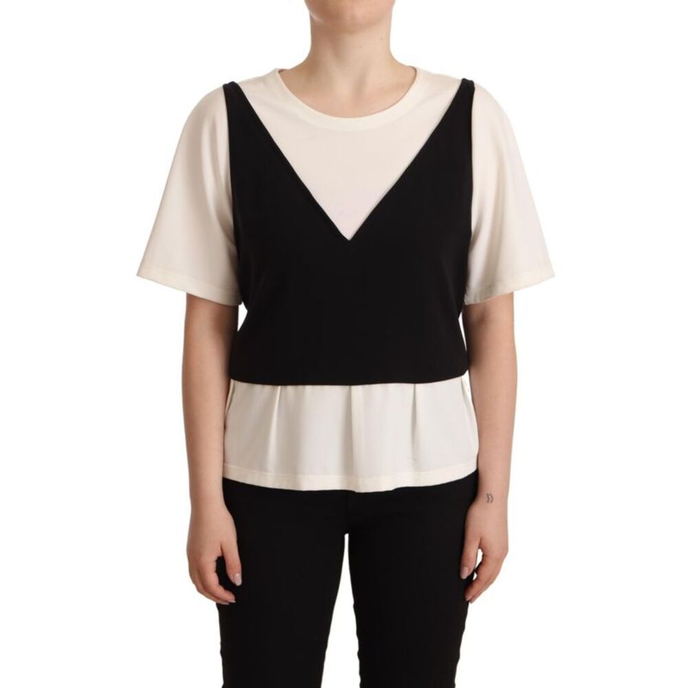 Boutique Moschino Black White Polyester Short Sleeves Top Women's Blouse